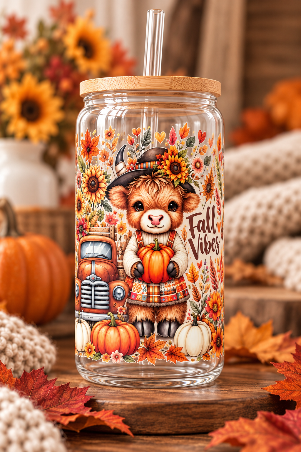 Fall Vibes Cow Glass Cup
